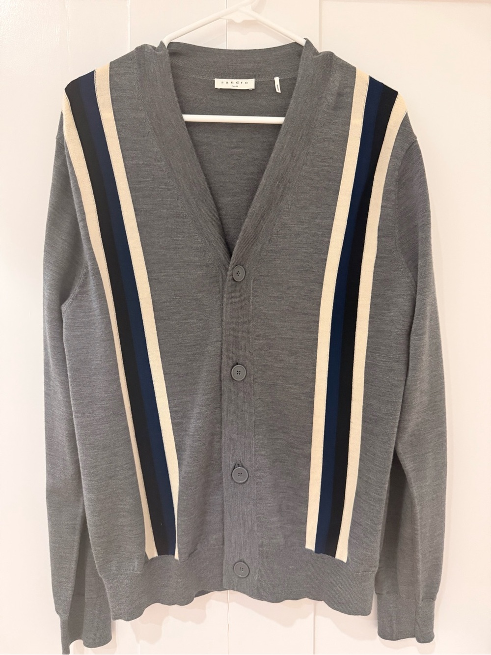 Sandro Gray Cardigan with Navy and Cream Stripes